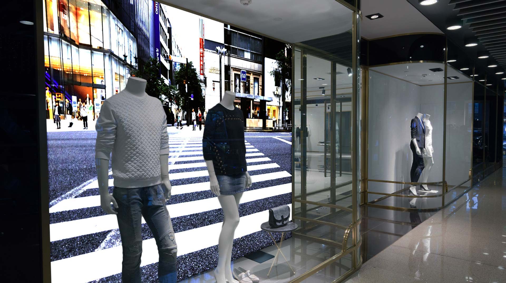 Retail window lightbox with illuminated fashion graphic