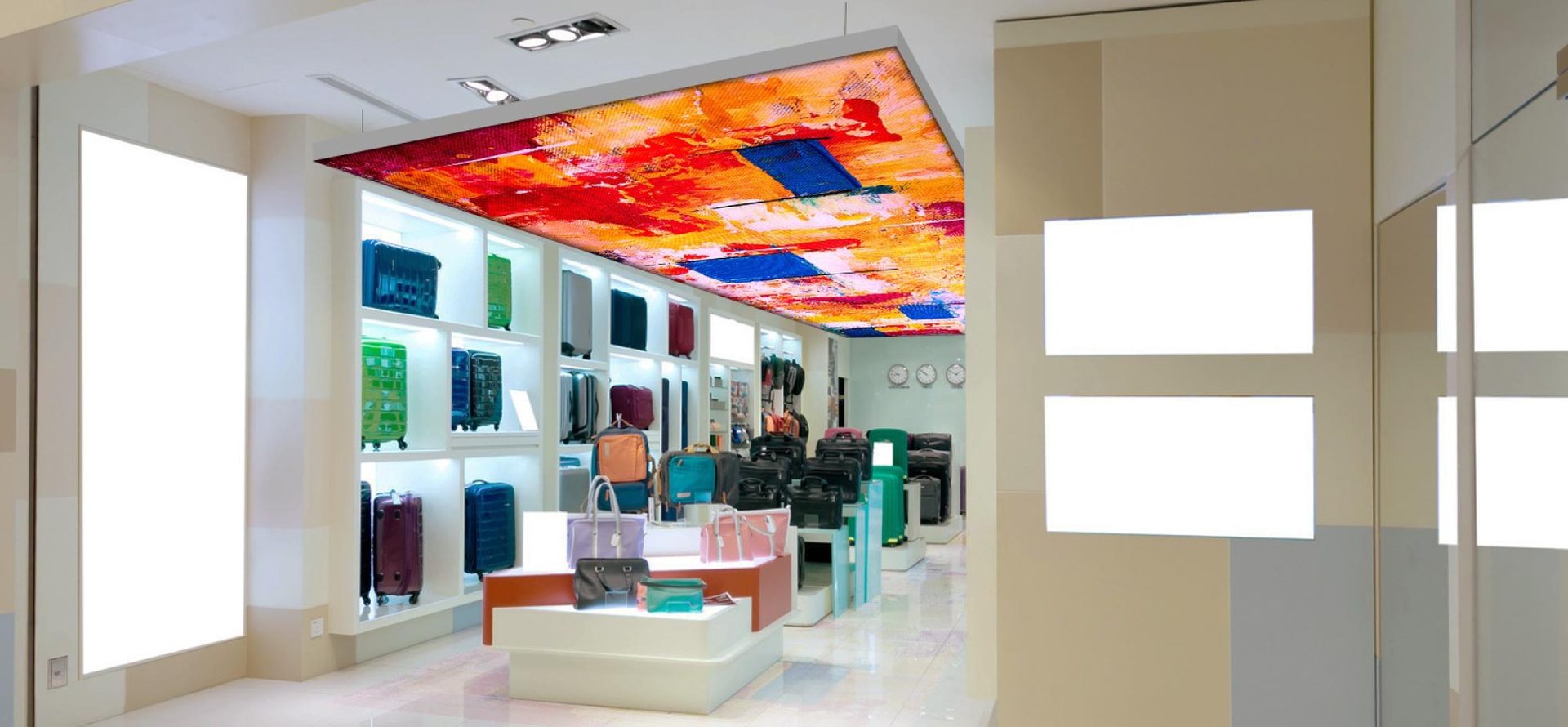 Illuminated textile ceiling and wall lightboxes in a retail shop